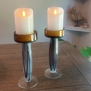 Handblown Amber candleholders. 10 inches tall by 4 inches wide.